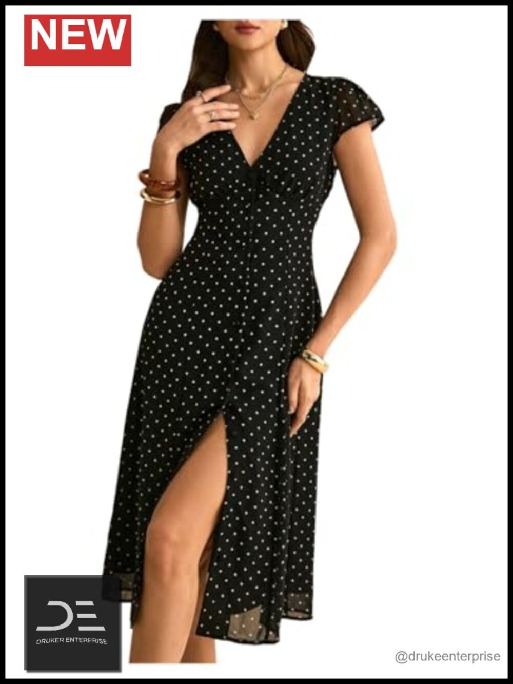 Polka Dot V Neck Cap Sleeve A Line Midi Dress Summer Going Out